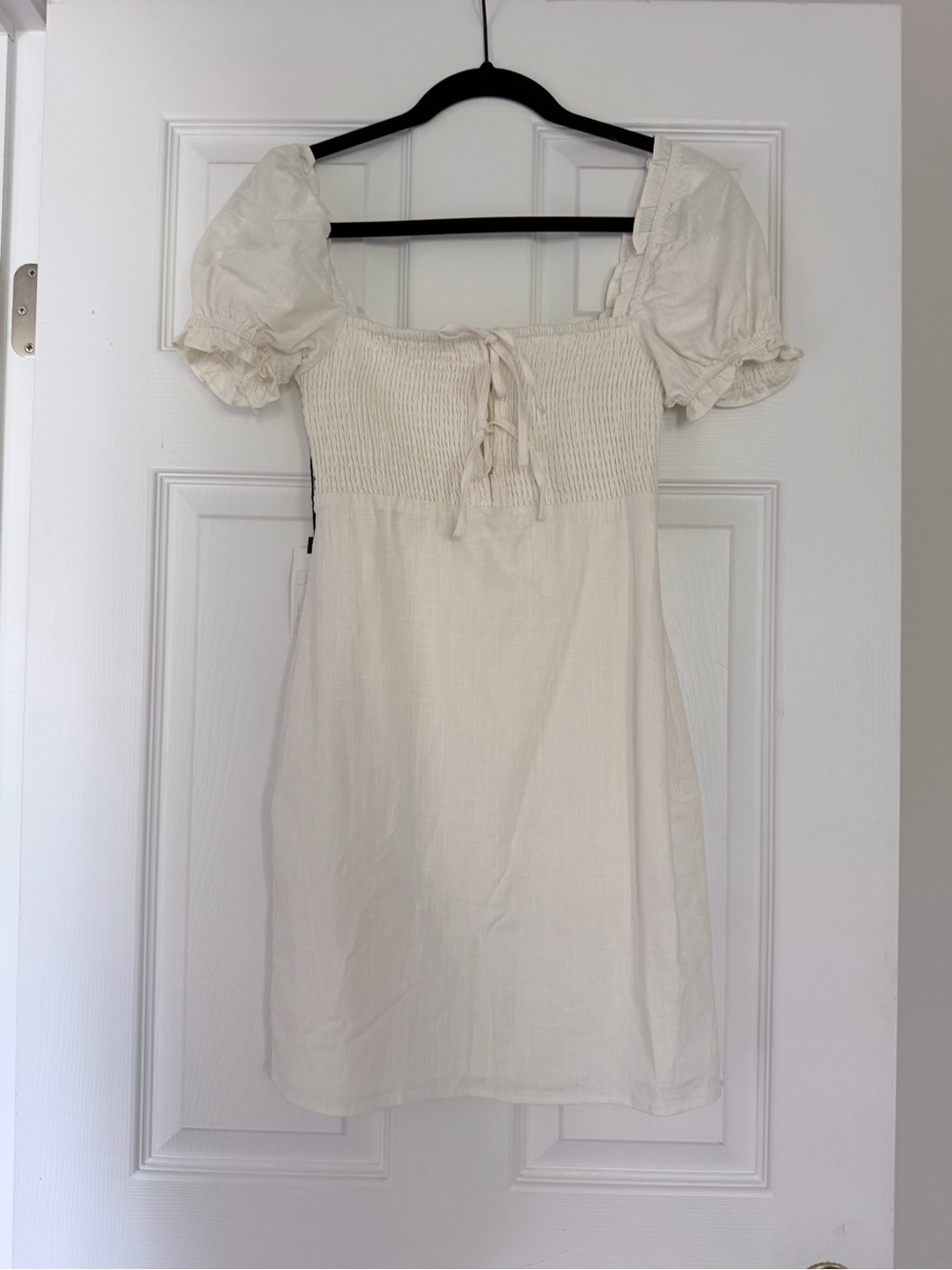 Astr Smocked Puff-Sleeve Mini Dress in Cream